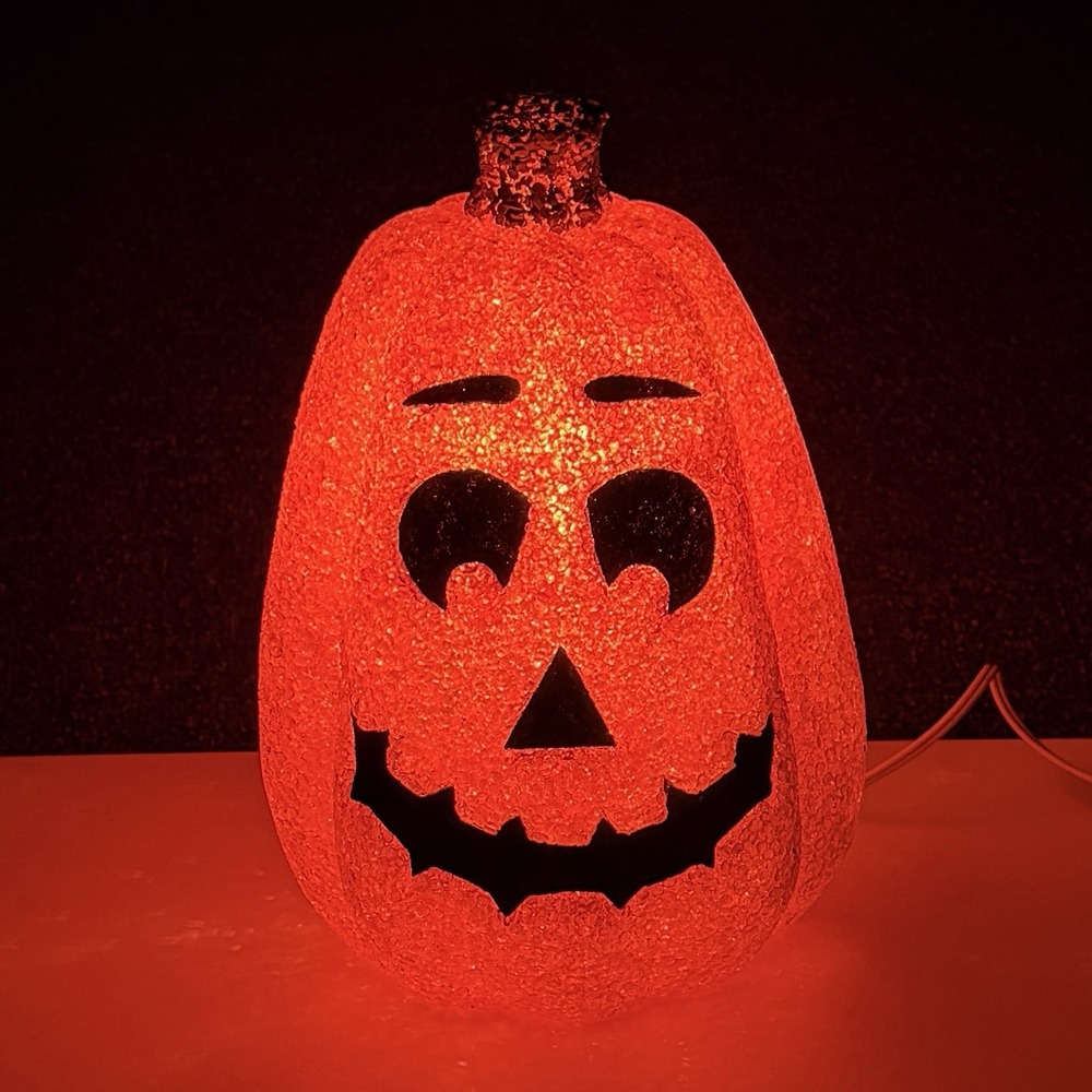 Seasons Lighted Pumpkin Melted Plastic Popcorn Jack O Lantern 12" Tall HTF Vtg